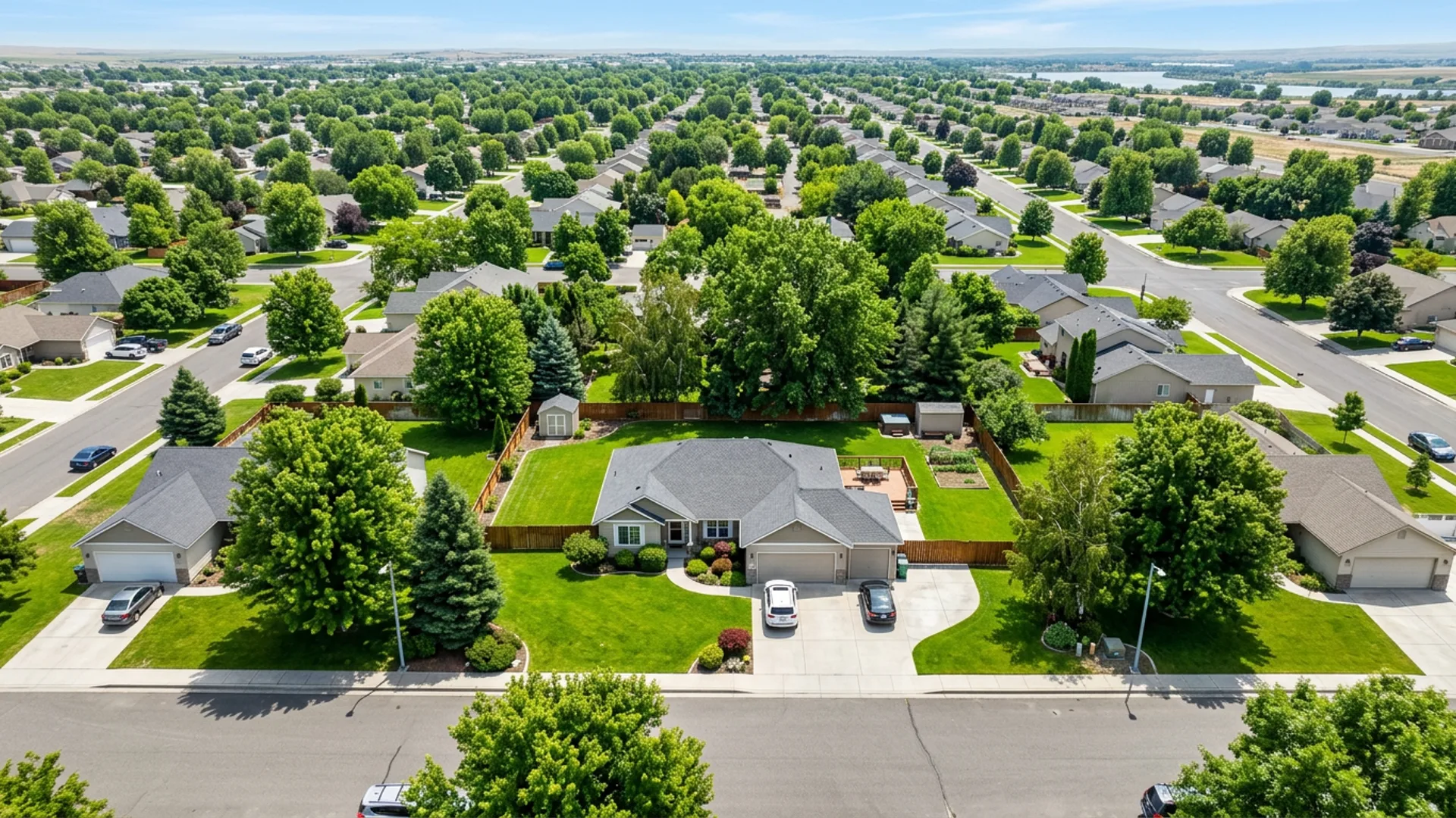 Drone aerial photo of a residential property with trees marked for trimming