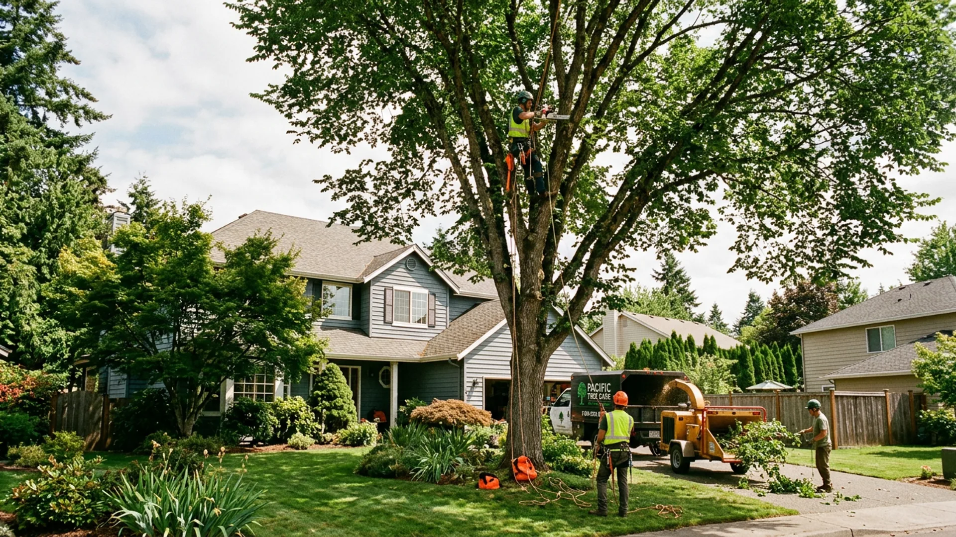 Aerial view of a residential tree trimming job in the Tri-Cities